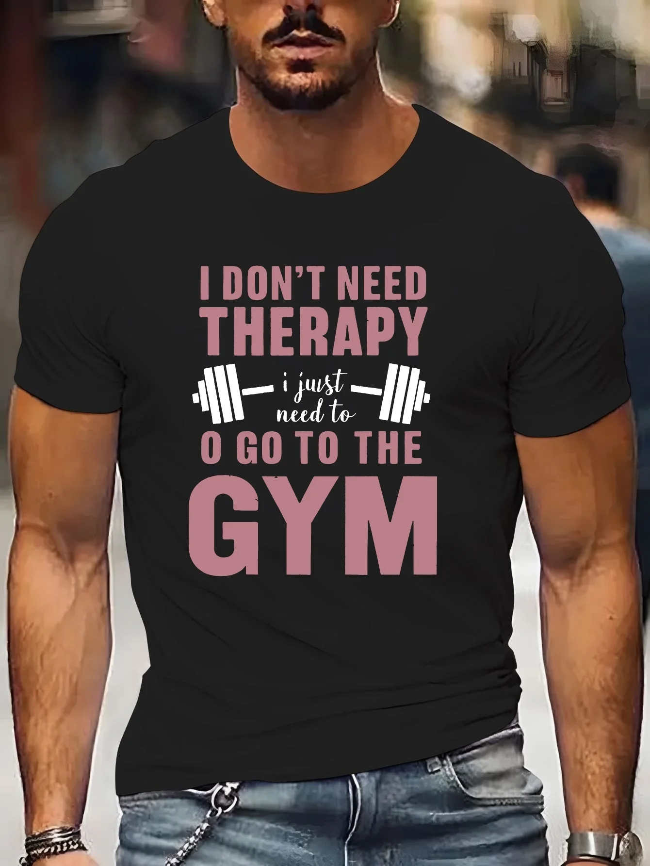 Home Gym Quotes - Men Black Tee Therapy Gym Dumbbell